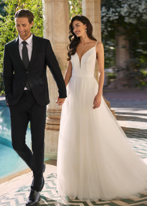 V Neck Ivory Satin Tulle Classic Wedding Dress